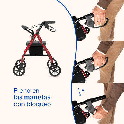 Andador Lambda Max | Rollator, 4 ruedas XL, asiento y respaldo (Rojo)
