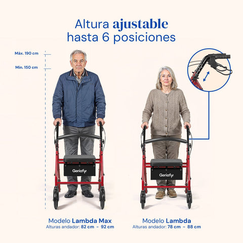 Andador Lambda Max | Rollator, 4 ruedas XL, asiento y respaldo (Rojo)