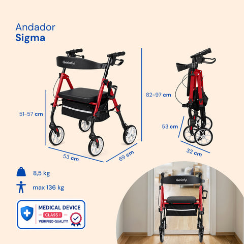Andador Sigma | Rollator, plegable, 4 ruedas (Rojo)