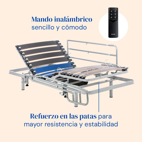 Cama articulada eléctrica, ajustable mediante mando inalámbrico. Somier con refuerzo en las patas para mayor estabilidad