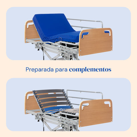 Cama articulada hospitalaria de carro elevador con colchón viscoelástico Professional V3 y barandillas