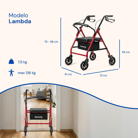 Andador Lambda | Cuatro ruedas, asiento y respaldo, andador para ancianos (Rojo)